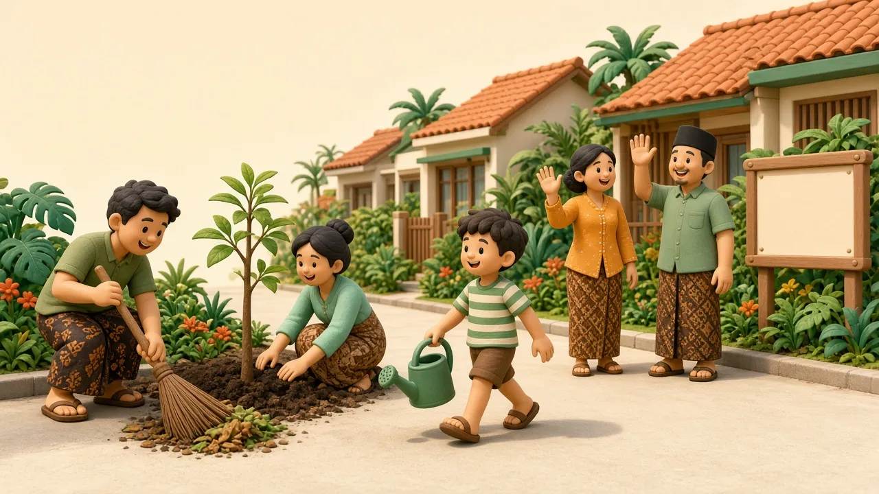Illustration of neighbors cleaning up their street together