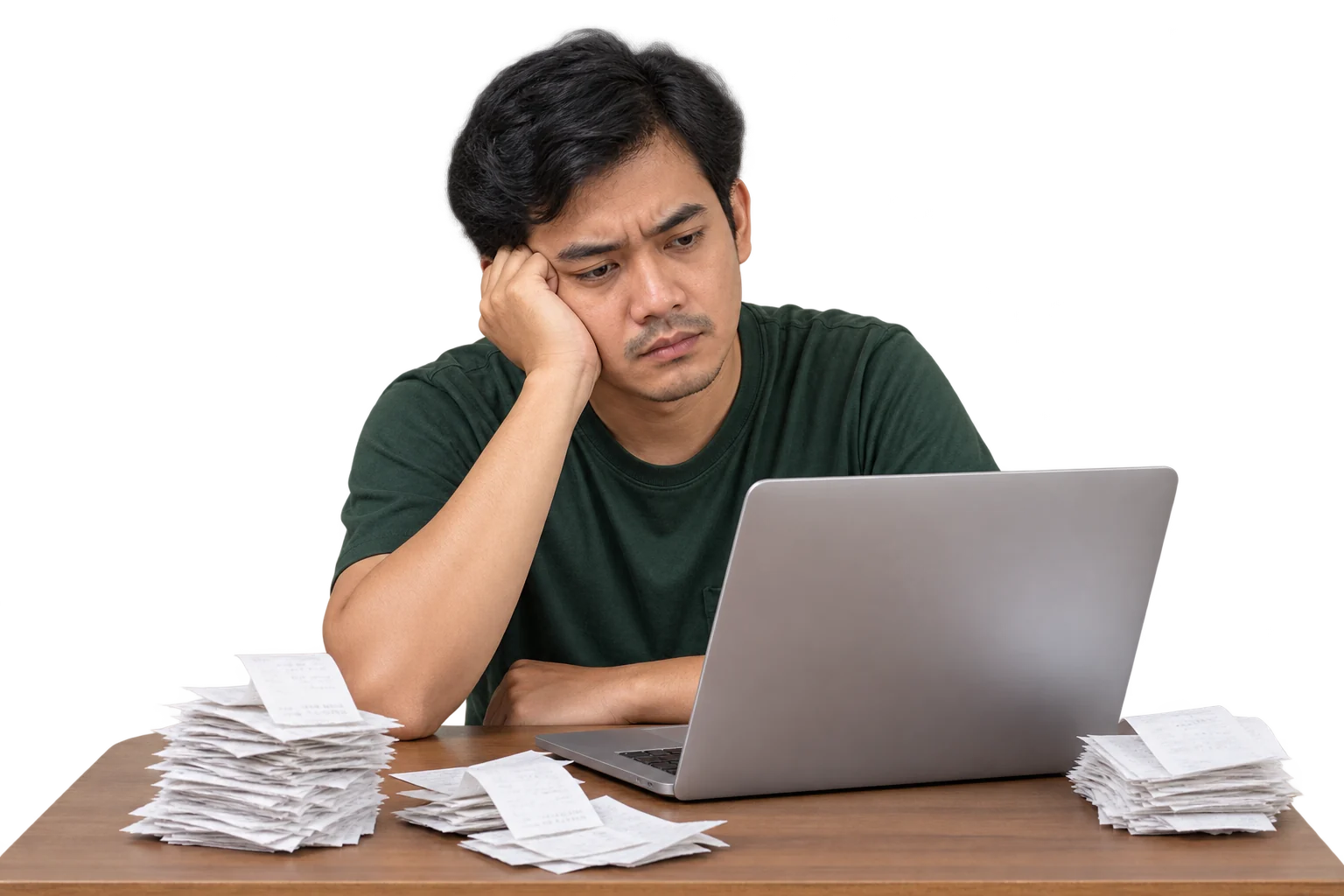 Community treasurer reviewing a laptop among piles of payment receipts