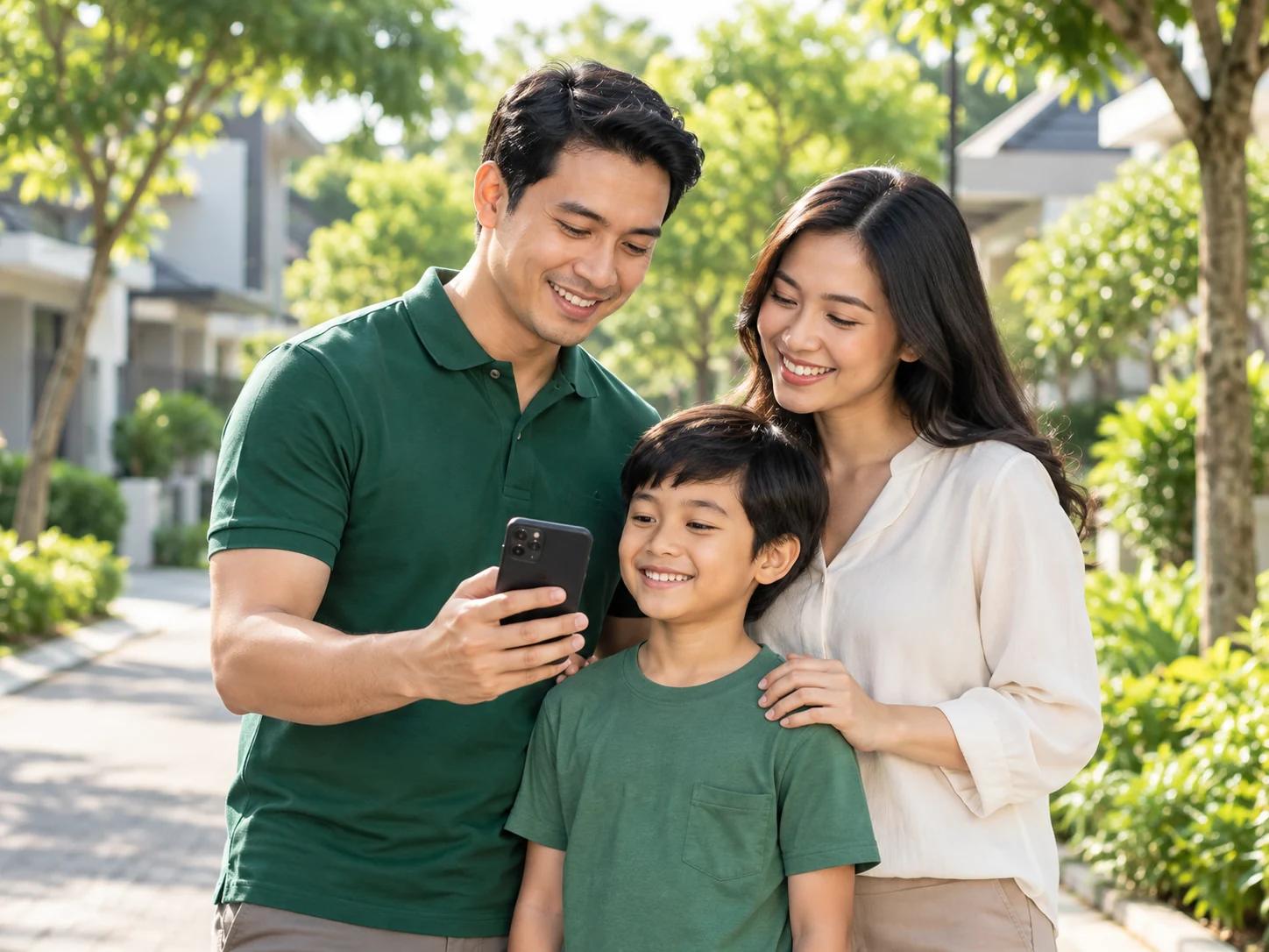 A family checks community updates on a phone in their neighborhood